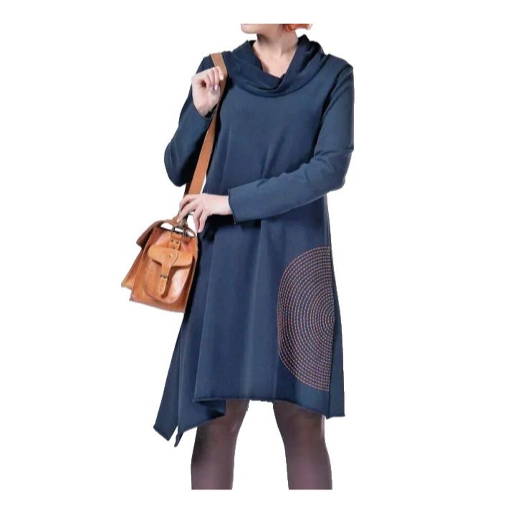 LUUKAA Circles Tunic Dress Cowl Neck Long Sleeve 100% Cotton Womens Sz 12